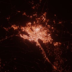 Monterrey city lights map, top view from space. Aerial view on night street lights. Global networking, cyberspace