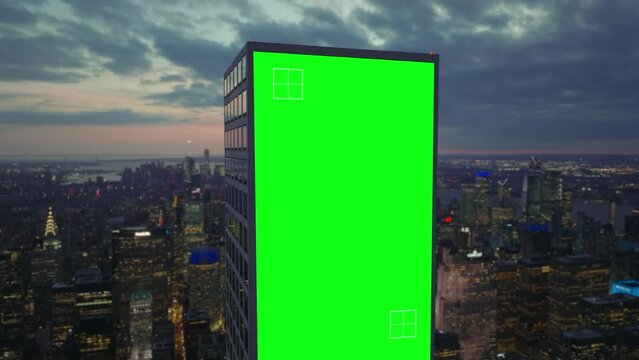 Green screen on side of a skyscraper in New York with tracking markers - 3D render
