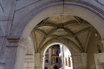 Fototapeta premium Close-up of historic building at the old town of Solothurn on a sunny winter day. Photo taken February 7th, 2022, Solothurn, Switzerland.