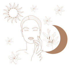 Woman face. Portrait minimalistic style. Portrait of female model with long hair. Minimalistic portrait, beautiful face. Trendy modern illustration.