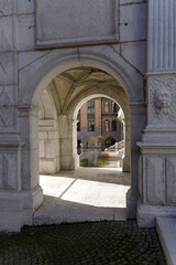 Close-up of historic building at the old town of Solothurn on a sunny winter day. Photo taken February 7th, 2022, Solothurn, Switzerland.