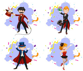 Set of magicians with confetti background