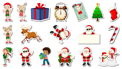 Set of Christmas objects and cartoon characters