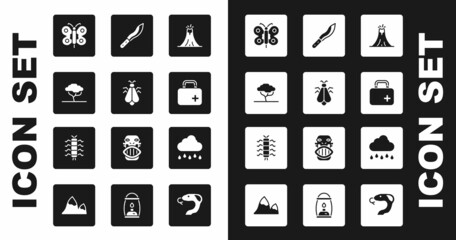 Set Volcano eruption, Mosquito, African tree, Butterfly, First aid kit, Machete, Cloud with rain and Centipede insect icon. Vector