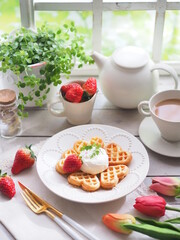 ハートのワッフルパンケーキでティータイム