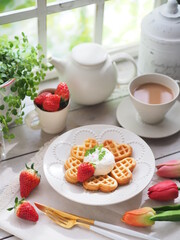 ハートのワッフルパンケーキでティータイム