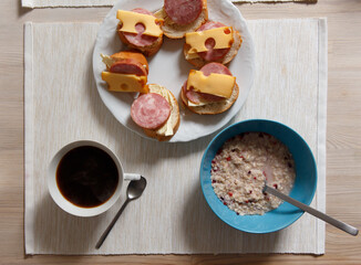 Top view on morning breakfast