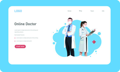 online medical service website landing page minimal UI design including male doctor and female doctor vector illustration