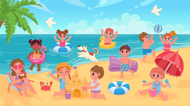 Summer beach landscape with kids swimming and playing with ball. Children in sea on rubber rings. Cartoon seaside vacation vector concept