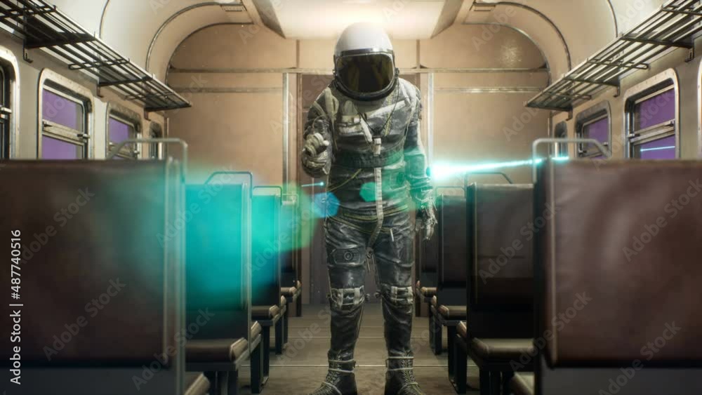 Canvas Prints an astronaut makes a negative gesture, on an interstellar space train hurtling at superluminal speed