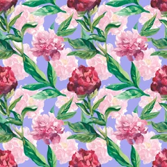 Foto op Plexiglas Abstracte aquarel met roze pioenrozen naadloze patroon op Very Peri geïsoleerde achtergrond. Textuur, botanische, bloemen handgeschilderde print. Ontwerpen voor textiel, stof, inpakpapier, verpakking, scrapbooking. © Мария Минина