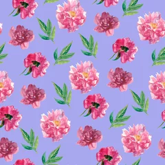 Poster Abstracte aquarel met roze pioenrozen naadloze patroon op Very Peri geïsoleerde achtergrond. Textuur, botanische, bloemen handgeschilderde print. Ontwerpen voor textiel, stof, inpakpapier, verpakking, scrapbooking. © Мария Минина