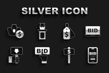 Set Bid, Online auction, Hand holding paddle, Price tag with Sale, Auction jewelry sale and ancient vase icon. Vector