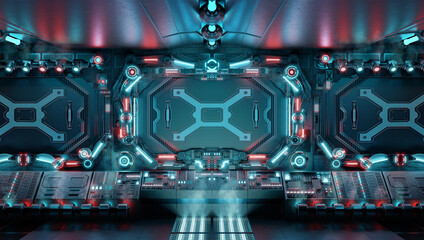 Dark spaceship interior with glowing control panels. Futuristic space station background with blue and red neon lights. 3d rendering