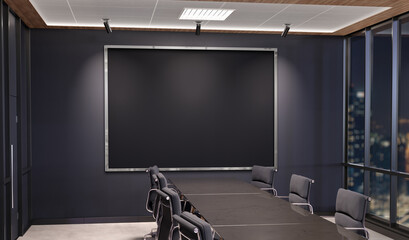 Silver horizontal frame Mockup hanging in office meeting room. Mock up of billboard in modern company interior 3D rendering