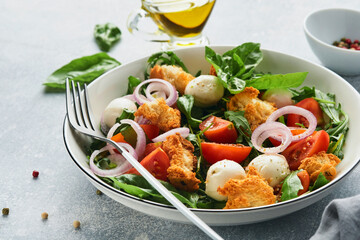 Panzanella, Italian Bread Salad. Traditional food of Italy with tomatoes, mozzarella balls, basil, onion and bread on light grey background. Traditional Italian cooking. Top view. Copy space.