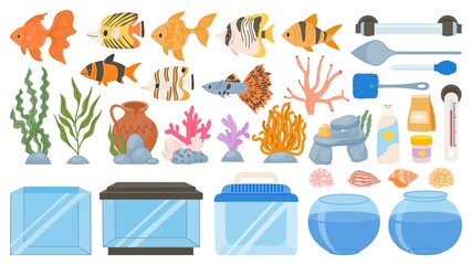 Cartoon aquarium fish, food, decoration, tank, tools and equipment. Underwater seaweeds, corals and seashells. Aquarium accessory vector set
