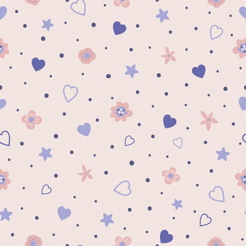 Pink and very peri floral pattern with hearts. Cute tiny flowers, polka dot elements in summer floral seamless background. Hand drawn vector illustration.