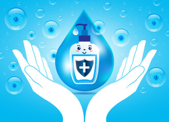 Hygienic shield alcohol gel prevent coronavirus. Hand sanitizer washing alcohol gel, Pump bottle. Vector illustration