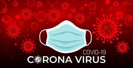 Illustrations concept coronavirus COVID-19. Coronavirus protection template with mask on red background. Vector illustration