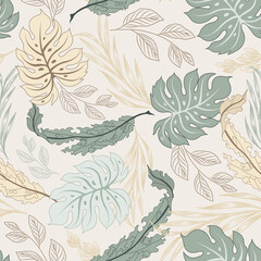 Nature seamless pattern with leaves. Hand drawn abstract tropical background. texture for fabric, fashion print and wallpaper