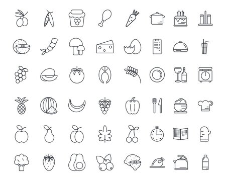Food and cook icons set. Collection of thin images food, drinks and utensils isolated vector illustration