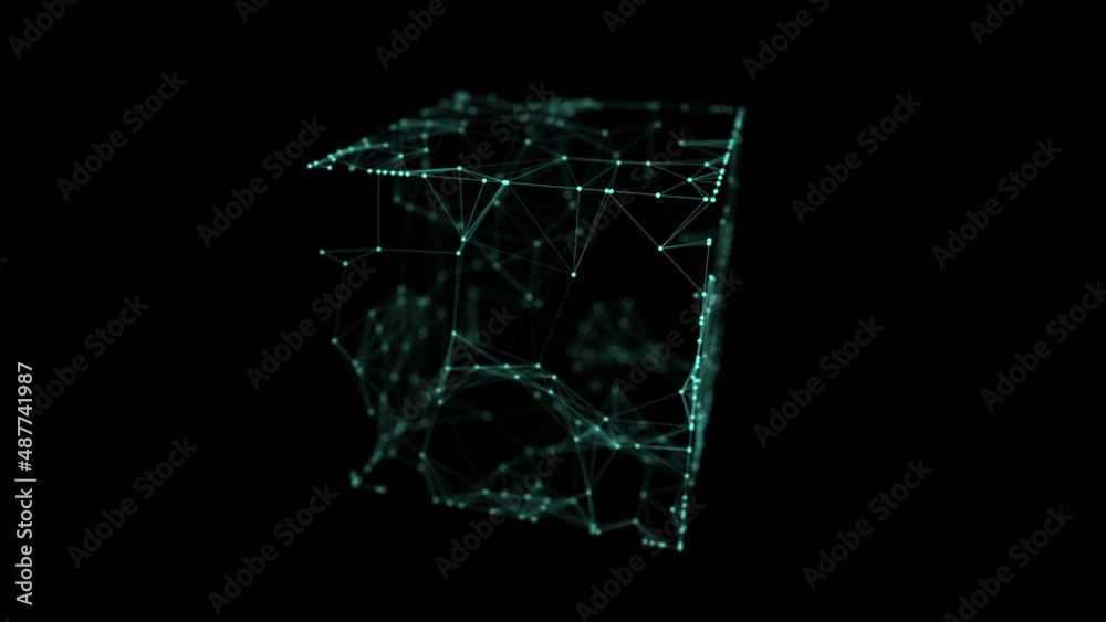Leinwandbilder Abstract green cube with connecting dots and lines. Big data visualization. Blockchain technology concept. Wireframe network connection structure. 3d rendering.