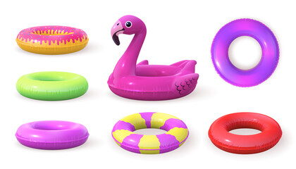 3d inflatable swimming rings designs, doughnut and pink flamingo. Realistic pool rubber circle top and side view. Swim lifesaver vector set - obrazy, fototapety, plakaty