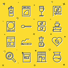 Set line Pour over coffee maker, Coffee Lovers, cup and book, Irish, Spoon, Electronic scales, French press and conversation icon. Vector