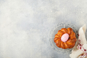 Spanish Easter cake. Traditional mona de pascua typical in Spain with boiled eggs eaten inside on...