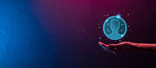 Businessman holding on hand icon of user man,woman low poly polygon style. Internet icons interface foreground. global network media concept.