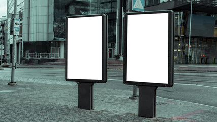 Two Billboards With Blank White Mock Ups In the City. Copy Space.