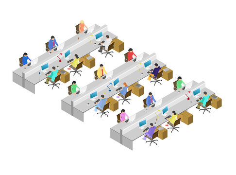Office with people working on computers. Lots of people sit in chairs and work together. Isometric view. Flat style. Vector illustration