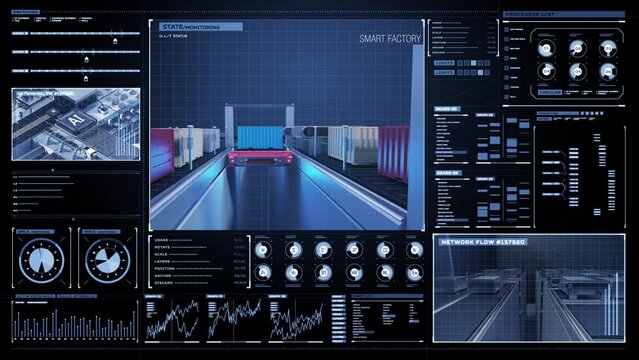 A shuttle for smart logistics automatically delivers logistics to each location on rails with user interface. 4k animation.