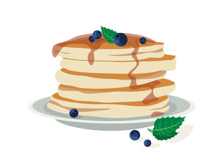 Vector illustration pancakes on a plate with maple syrup, blueberry and mint leaves. Delicious home breakfast food in cartoon style.