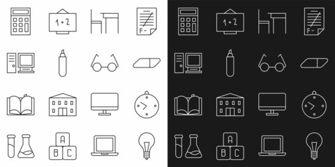 Set line Light bulb with concept of idea, Clock, Eraser or rubber, School table and chair, Marker pen, Computer monitor, Calculator and Glasses icon. Vector