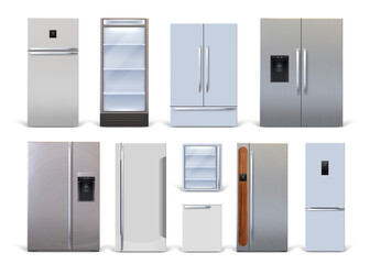 Realistic 3d household and industrial fridges modern designs. Kitchen refrigerators and display coolers. Metallic fridge machine vector set