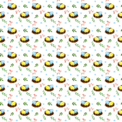 seamless watercolor pattern with colorful easter eggs in the nest.