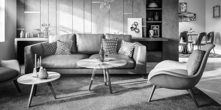 Moderne Raumadaptation mit Wandverkleidung und einer mond&auml;nen Einrichtung - panoramische 3D Visualisierung in schwarz-wei&szlig;