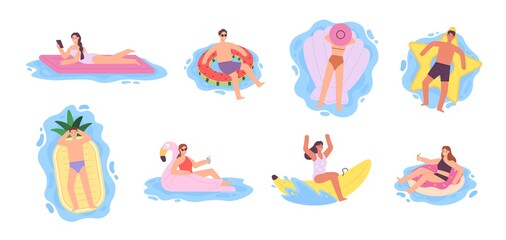 Flat people on inflatable air mattresses and swimming rings. Women floating and sunbathing on flamingo and doughnut rubber ring vector set