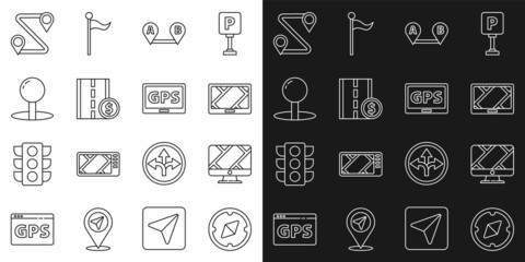 Set line Compass, Monitor with location marker, Gps device map, Route, Toll road traffic sign, Push pin, and icon. Vector