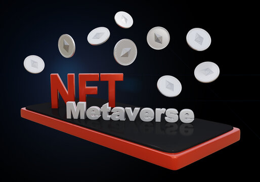 NFT und Metaverse Schriftzug mit ethereum Münzen. 3d rendering