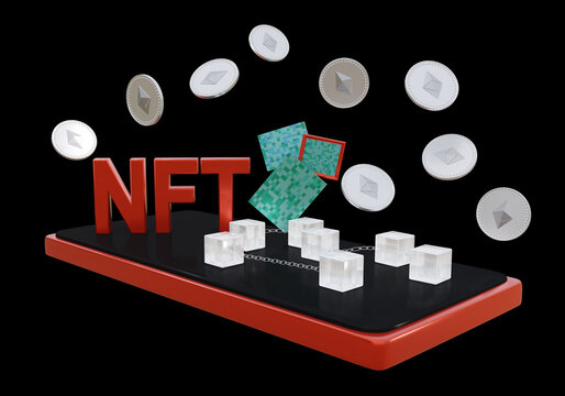 NFT mit Krypto Kunst, Blockchain und ethereum Münzen . 3d rendering