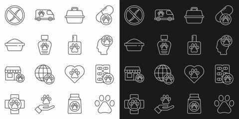 Set line Paw print, Dog pill, Human with animals footprint, Pet carry case, shampoo, food bowl, Anti worms parasite and icon. Vector