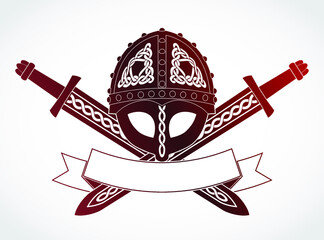 viking heraldry symbol with helmet and crossed swords