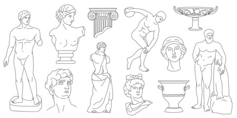 Line ancient greek statues and antique sculptures heads. Abstract mythology gods, columns, vase and amphora. Roman sculpture art vector set