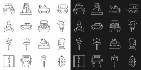 Set line Traffic light, Train and railway, Scooter, Tow truck, Hatchback car, cone, Police flasher and Car icon. Vector