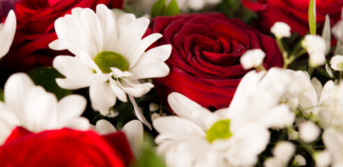 Closeup bouquet of red roses with with daisies.