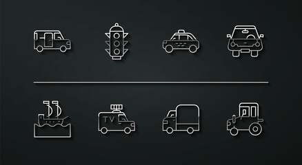 Set line Minibus, Sailboat, Car, Delivery cargo truck, TV News, Traffic light, Tractor and Taxi icon. Vector