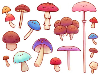 Cute mushroom illustration combination, containing a variety of food cartoon materials.It can be used in children's picture books or poster decoration.